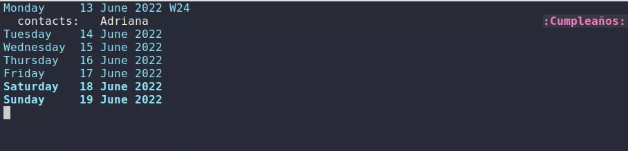Imágen que muestra la vista de agenda en Emacs con el cumpleaños apareciendo en la fecha establecida.