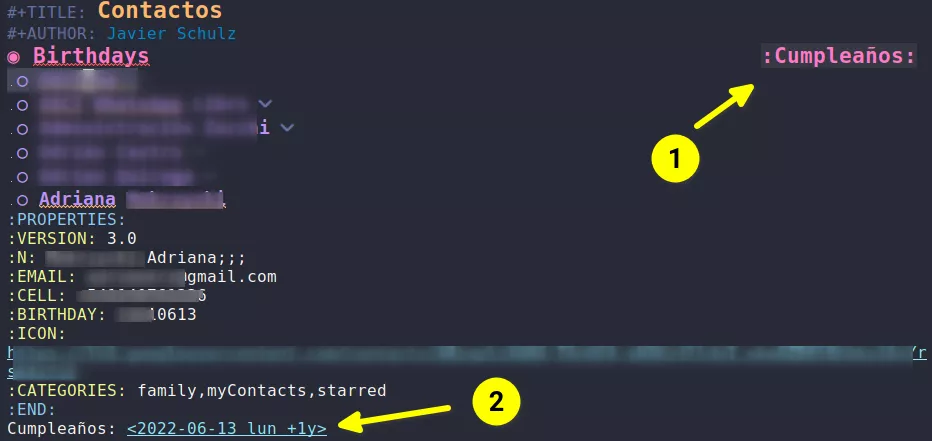 Imágen que muestra la los contactos importados en Emacs.