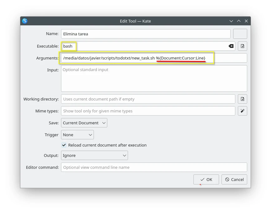 Configuración recomendada para crear una herramienta externa para Todo.txt