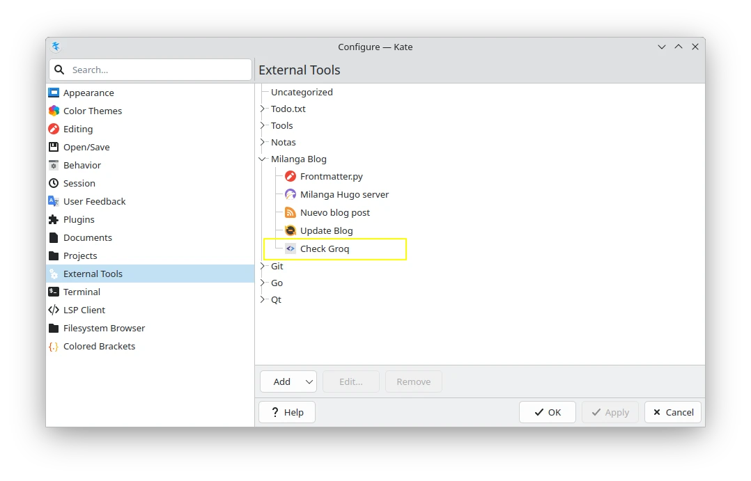 Configuración de la herramienta externa